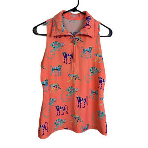 Tzu Tzu Sport Golf Top Womens Medium Orang Monkey Sleeveless Shirt 1/4 Zi UPF UV